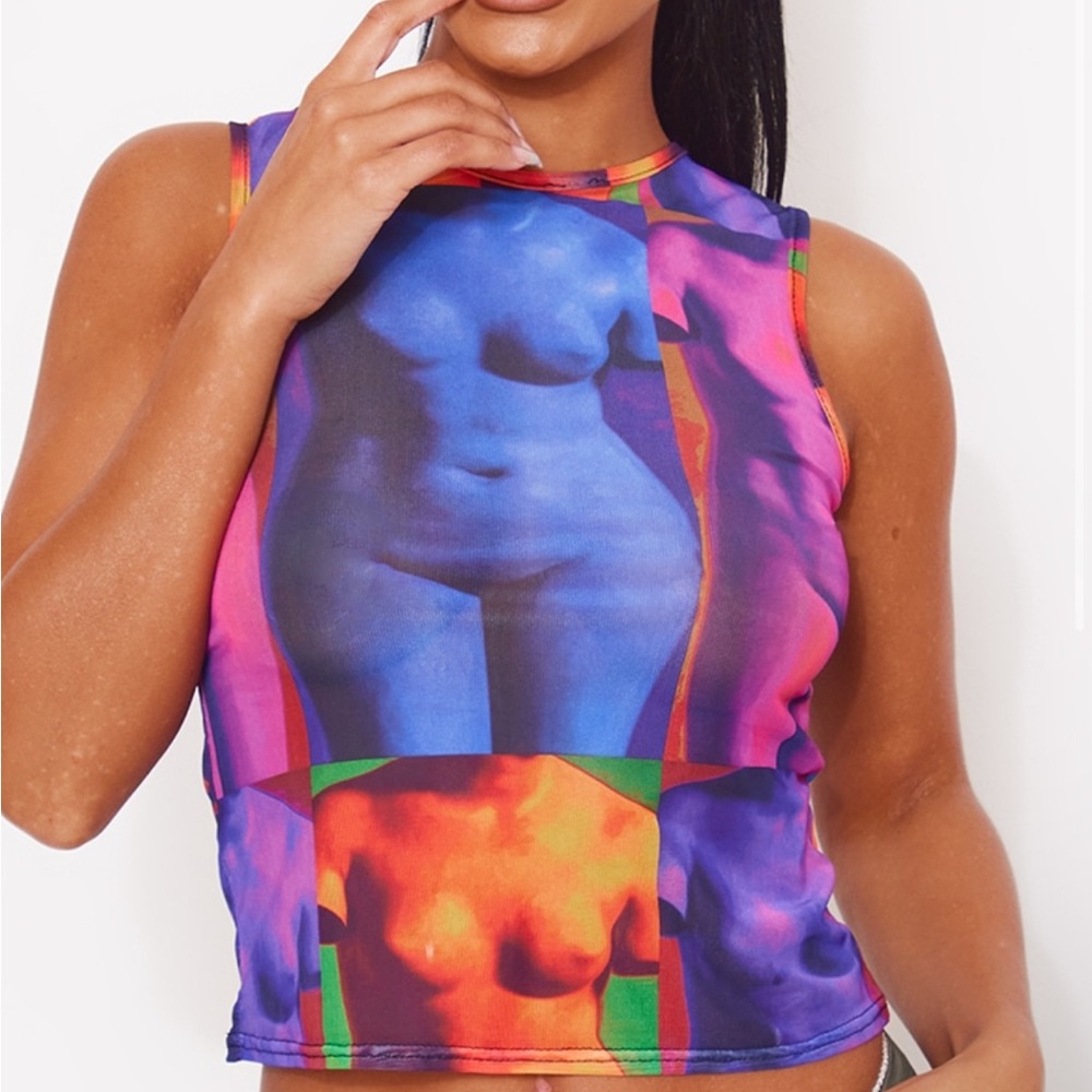 **NEVER WORN** prettylittlething mesh pink body printed racer top - size 6